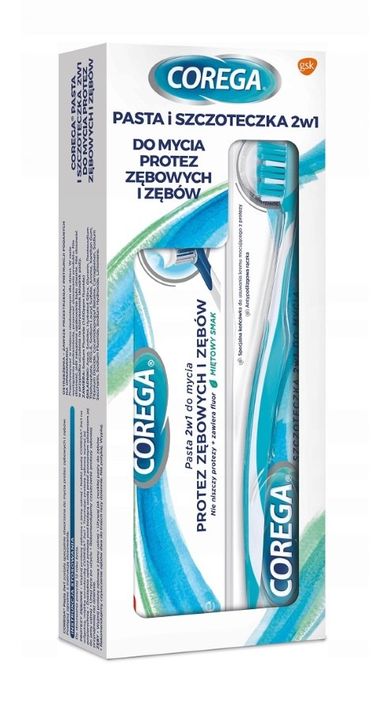 Corega, zestaw: pasta 2w1 do mycia protez zębowych i zębów, Miętowy Smak, 75 ml + szczoteczka