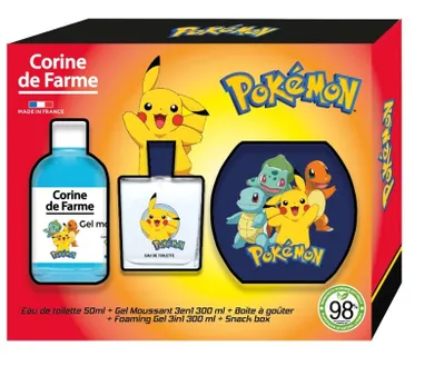 Corine De Farme, Pokemon, zestaw prezentowy: woda toaletowa, 30 ml + żel pieniący 3w1, 300 ml + pudełko na przekąski