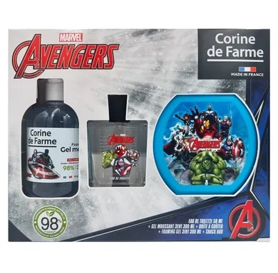 Corine De Farme, The Avengers, zestaw prezentowy: woda toaletowa, 50 ml, żel pieniący 3w1, 300 ml + pudełko na przekąski