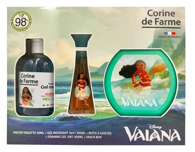 Corine De Farme, Vaiana, zestaw prezentowy: woda toaletowa, 30 ml + żel pieniący 3w1, 300 ml + pudełko na przekąski