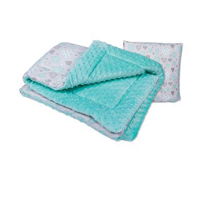 Cottolare, 2-częściowy komplet pościeli dziecięcej Minky, miętowy-serca szare, 75-100 cm