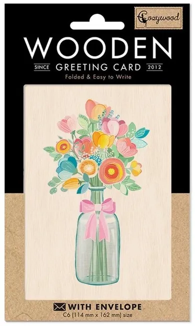Cozywood, karnet drewniany C6 + koperta, Bukiet kwiatów