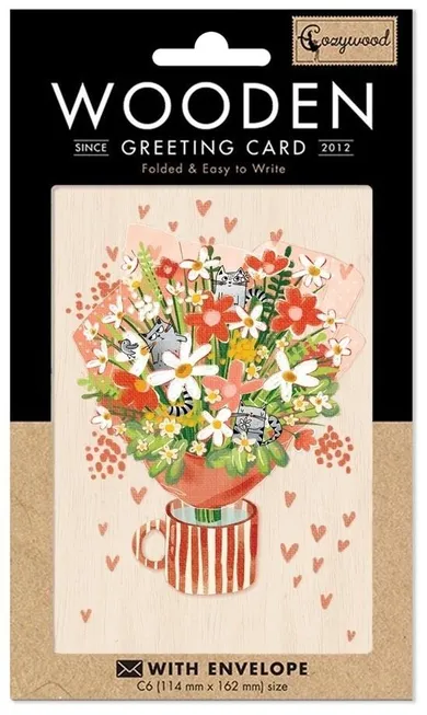 Cozywood, karnet drewniany C6 + koperta, Bukiet z kotami