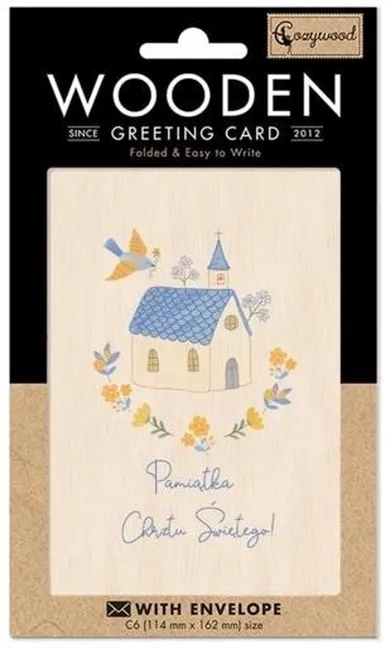 Cozywood, karnet drewniany C6 + koperta Chrzest Gołąb