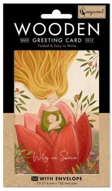Cozywood, karnet drewniany C6 + koperta Narodziny Mama