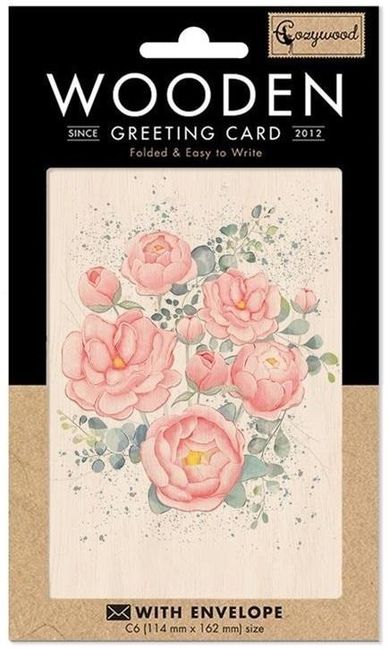 Cozywood, karnet drewniany C6 + koperta, Różowe piwonie