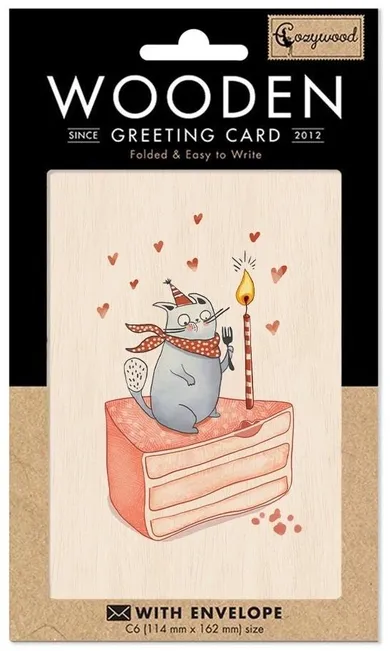Cozywood, karnet drewniany C6 + koperta, Tort i kot