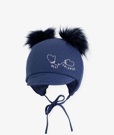 Czapka chłopięca z pomponami i daszkiem, wiązana, granatowa, Iltom