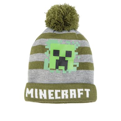 Czapka chłopięca z pomponem, szaro-zielona, paski, Minecraft