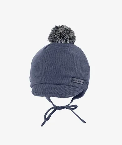 Czapka chłopięca z pomponem, wiązana, granatowa, Iltom