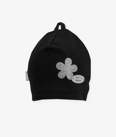 Czapka dziewczęca, czarna, kwiatek, Iltom