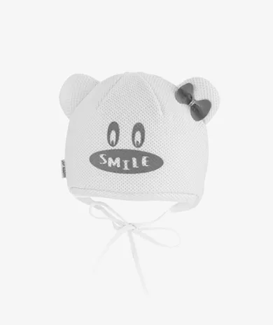 Czapka dziewczęca, wiązana, biała, miś, Iltom
