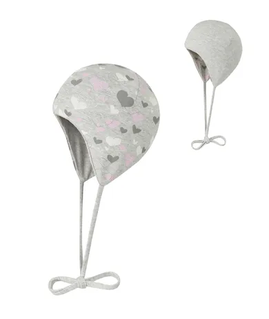 Czapka dziewczęca, wiązana, dwustronna, szara, serca, Döll