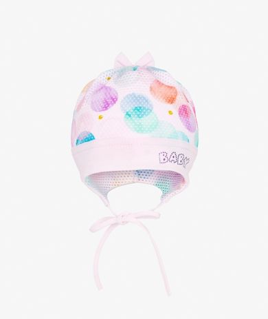 Czapka dziewczęca, wiązana, różowa, grochy, Iltom
