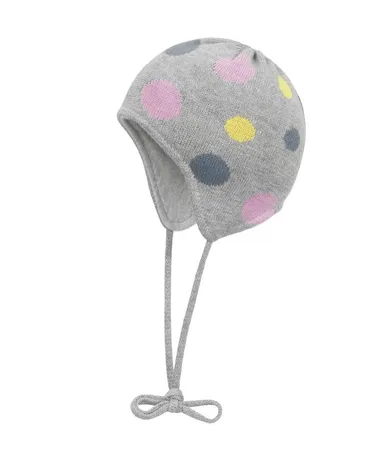 Czapka dziewczęca, wiązana, szara, grochy, Döll