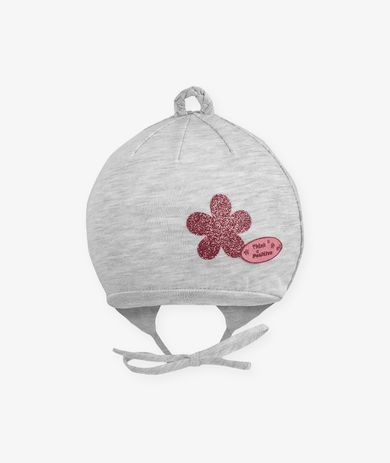 Czapka dziewczęca, wiązana, szara, kwiatek, Iltom