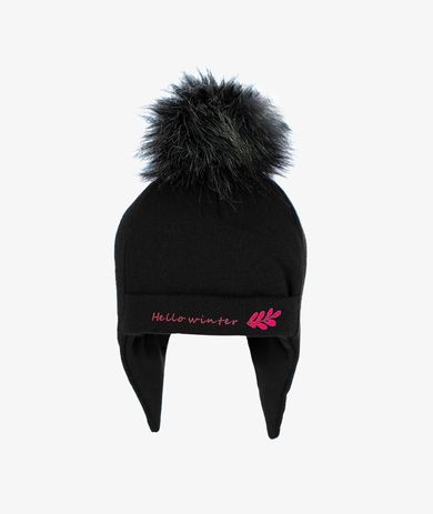 Czapka dziewczęca z pomponem, czarna, Hello winter, Iltom