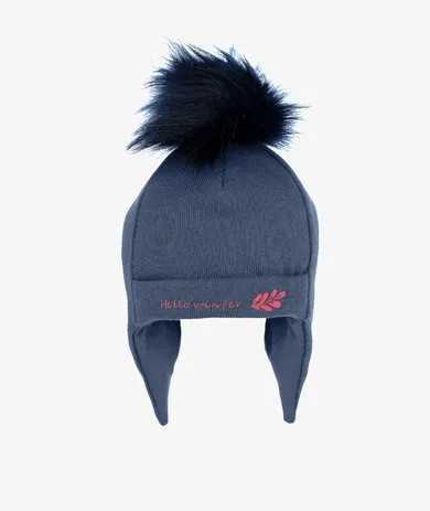 Czapka dziewczęca z pomponem, granatowa, Hello winter, Iltom