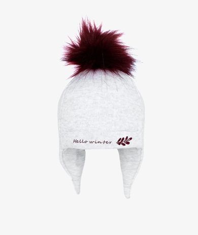 Czapka dziewczęca z pomponem, jasnoszara, Hello winter, Iltom