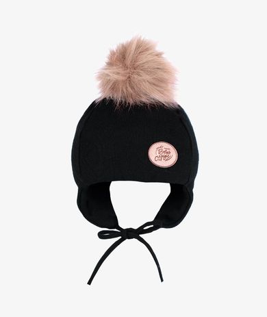 Czapka dziewczęca z pomponem, wiązana, czarna, Magic, Iltom