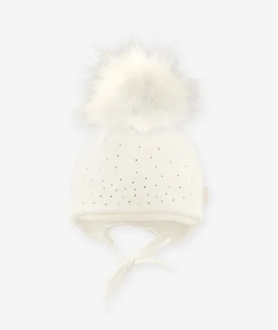 Czapka dziewczęca z pomponem, wiązana, ecru, dżety, Iltom