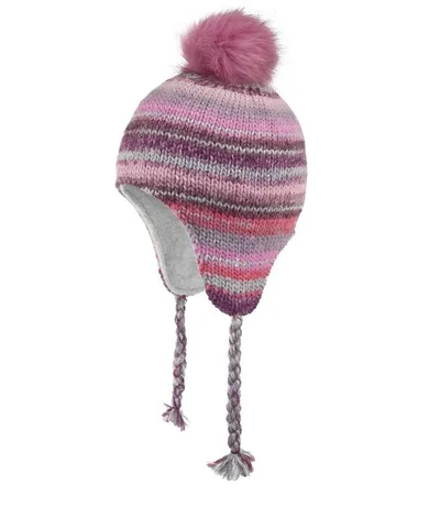 Czapka dziewczęca z pomponem, wiązana, różowa, paski, Döll
