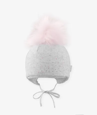 Czapka dziewczęca z pomponem, wiązana, szara, Iltom