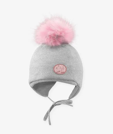 Czapka dziewczęca z pomponem, wiązana, szara, Iltom