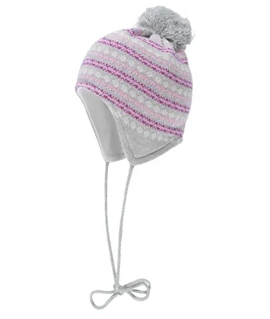 Czapka dziewczęca z pomponem, wiązana, szaro-różowa, Döll