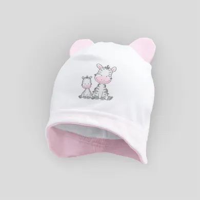 Czapka dziewczęca z uszkami, biało-różowa, zebry, Iltom