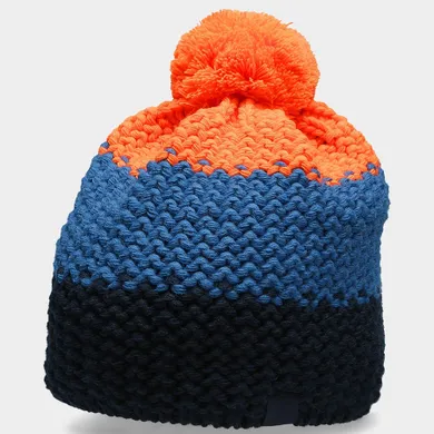 Czapka męska z pomponem, granatowo-pomarańczowa, 4F