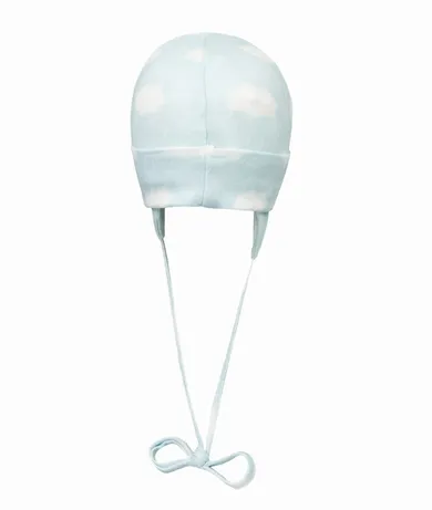 Czapka niemowlęca, wiązana, niebieska, chmurki, Döll