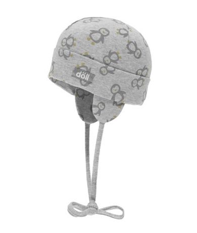 Czapka niemowlęca, wiązana, szara, pingwiny, Döll