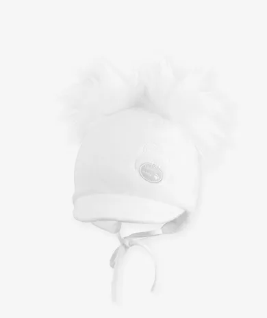 Czapka niemowlęca z pomponami, wiązana, biała, miś, Iltom