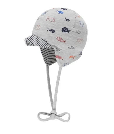 Czapka z daszkiem chłopięca, wiązana, szara, rybki, Döll