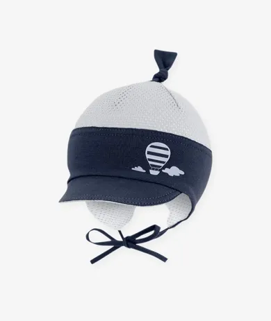 Czapka z daszkiem chłopięca, wiązana, szaro-granatowa, Iltom