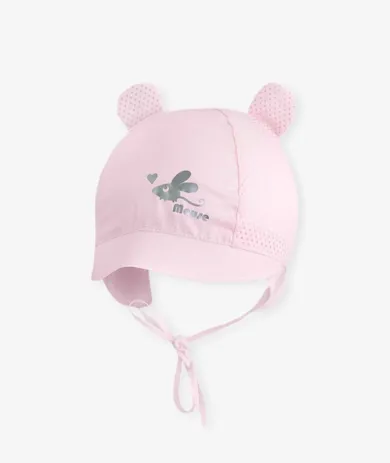 Czapka z daszkiem dziewczęca, wiązana, różowa, uszy myszki, Iltom