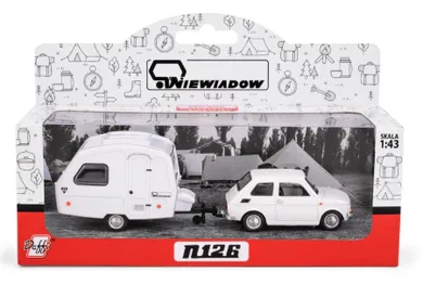 Daffi, Niewiadów, Fiat 126p z przyczepą kempingową, pojazd, model metalowy, 1:43, biały
