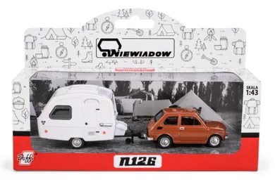 Daffi, Niewiadów, Fiat 126p z przyczepą kempingową, pojazd, model metalowy, 1:43, brązowy