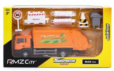 Daffi, RMZ City, MAN TGS, Śmieciarka, model metalowy, zestaw z akcesoriami drogowymi, 1:64
