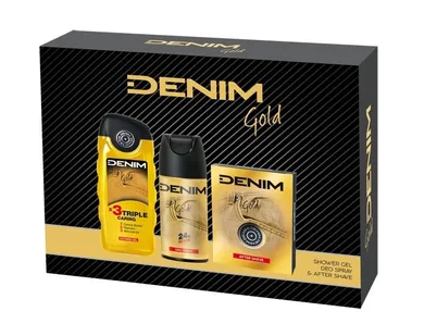 Denim, zestaw prezentowy, Gold, woda po goleniu, 100 ml + dezodorant, spray, 150 ml + żel pod prysznic, 250 ml