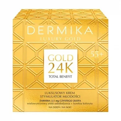 Dermika, Luxury Gold 24K Total Benefit 55+, luksusowy krem stymulator młodości na dzień i na noc, 50 ml