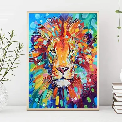 Diamond Painting, haft diamentowy, obraz 5D, mozaika diamentowa, kolorowy lew, 40-50 cm