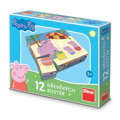 Dino, Świnka Peppa, drewniane klocki obrazkowe, 12 elementów