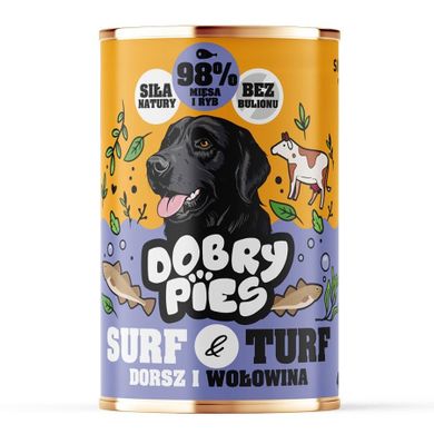 Dobry Pies, Surf&Turf, dorsz i wołowina, mokra karma dla psa, 400g