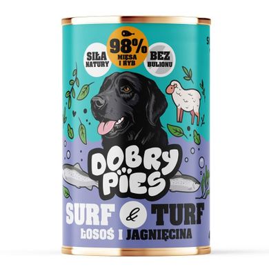 Dobry Pies, Surf&Turf, łosoś i jagnięcina, mokra karma dla psa, 400g