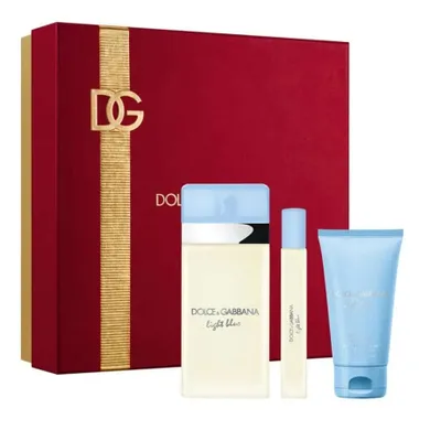 Dolce&Gabbana, Light Blue Women, zestaw: woda toaletowa, spray, 100 ml + krem do ciała, 50 ml + woda toaletowa, 10 ml
