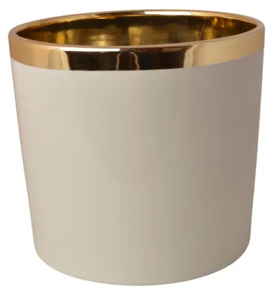Doniczka ceramiczna, beżowa ze złotym rantem, 20-20-18 cm