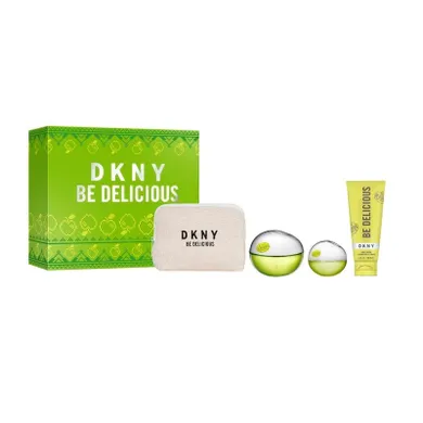 Donna Karan, DKNY Be Delicious, zestaw: woda perfumowana, spray, 100 ml + balsam do ciała, 100 ml + woda perfumowana, spray, 15 ml + kosmetyczka