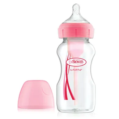 Dr Brown`s, Options Plus, butelka antykolkowa, szeroka, różowa, 0m+, 270 ml